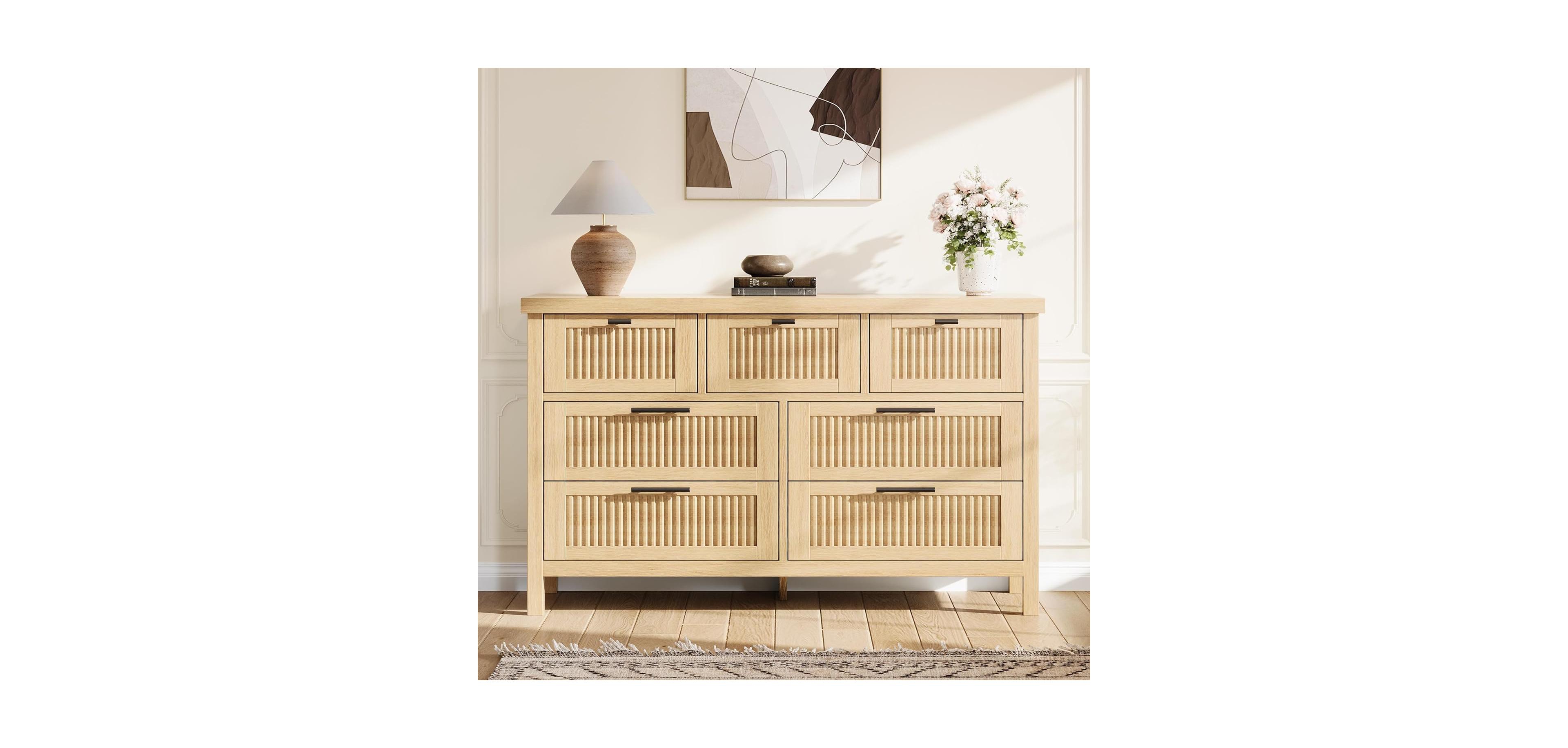 gaomon Fluted 7 Drawers Dresser for Bedroom, 47.4 Inch Wide Wood Chest of Drawers, Large Clothes Storage Cabinet Tv Stand for Nursery, Living Room
