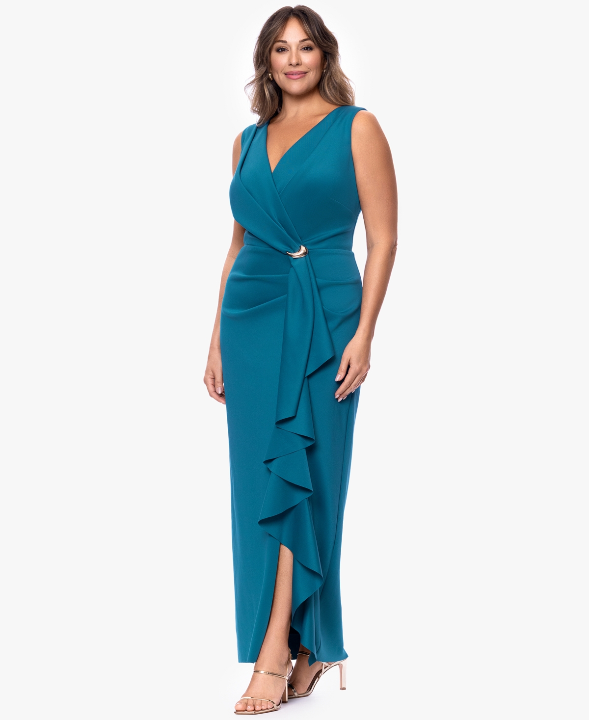 Betsy & Adam Plus V-Neck Peacock Dress