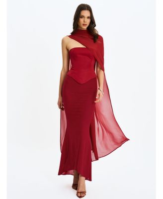 Women's Giselle Crimson Peplum Mermaid Gown with Chiffon Scarf