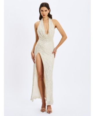 Women's Niamh Golden Beaded Cowl Halter Backless Maxi Dress