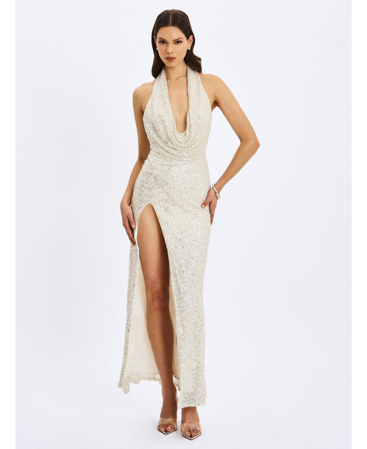 Miss Circle Women's Niamh Golden Beaded Cowl Halter Backless Maxi Dress