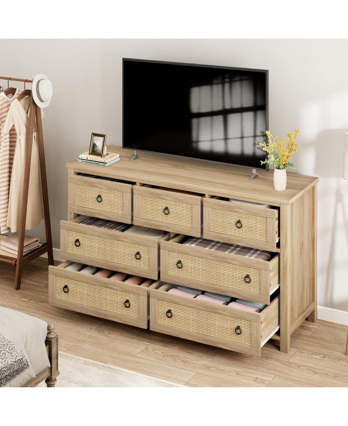 gaomon Dresser for Bedroom, 37 Inch Tall 4-Drawer Chest with Natural Woven Fronts, Freestanding Clothes Storage Cabinet & Organizer Living Room