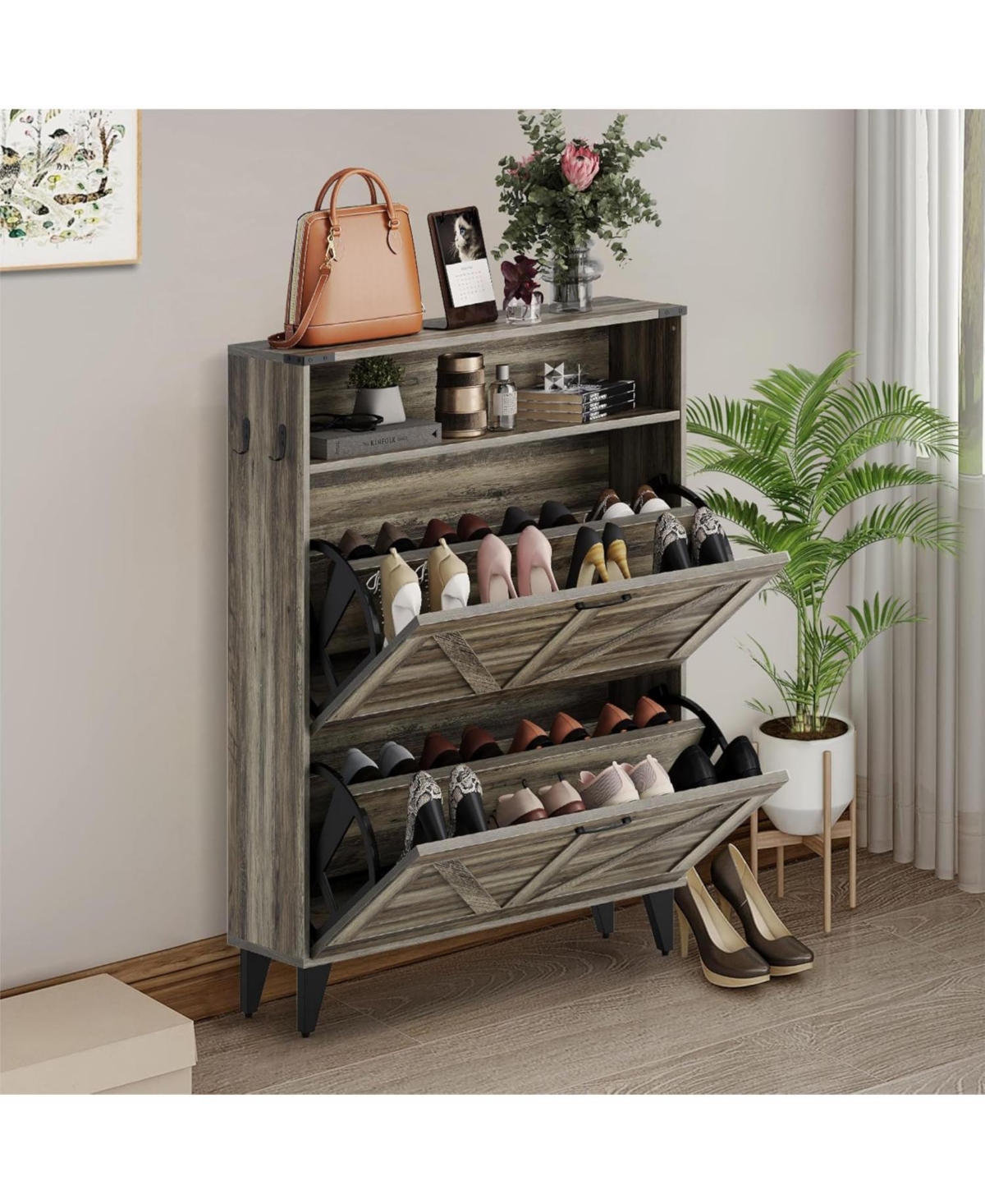 Gamon Shoe Storage Cabinet with 2 Flip Drawers, Freestanding Shoe Organizer, Narrow Shoe Rack Cabinet, Shoe Cabinet Storage