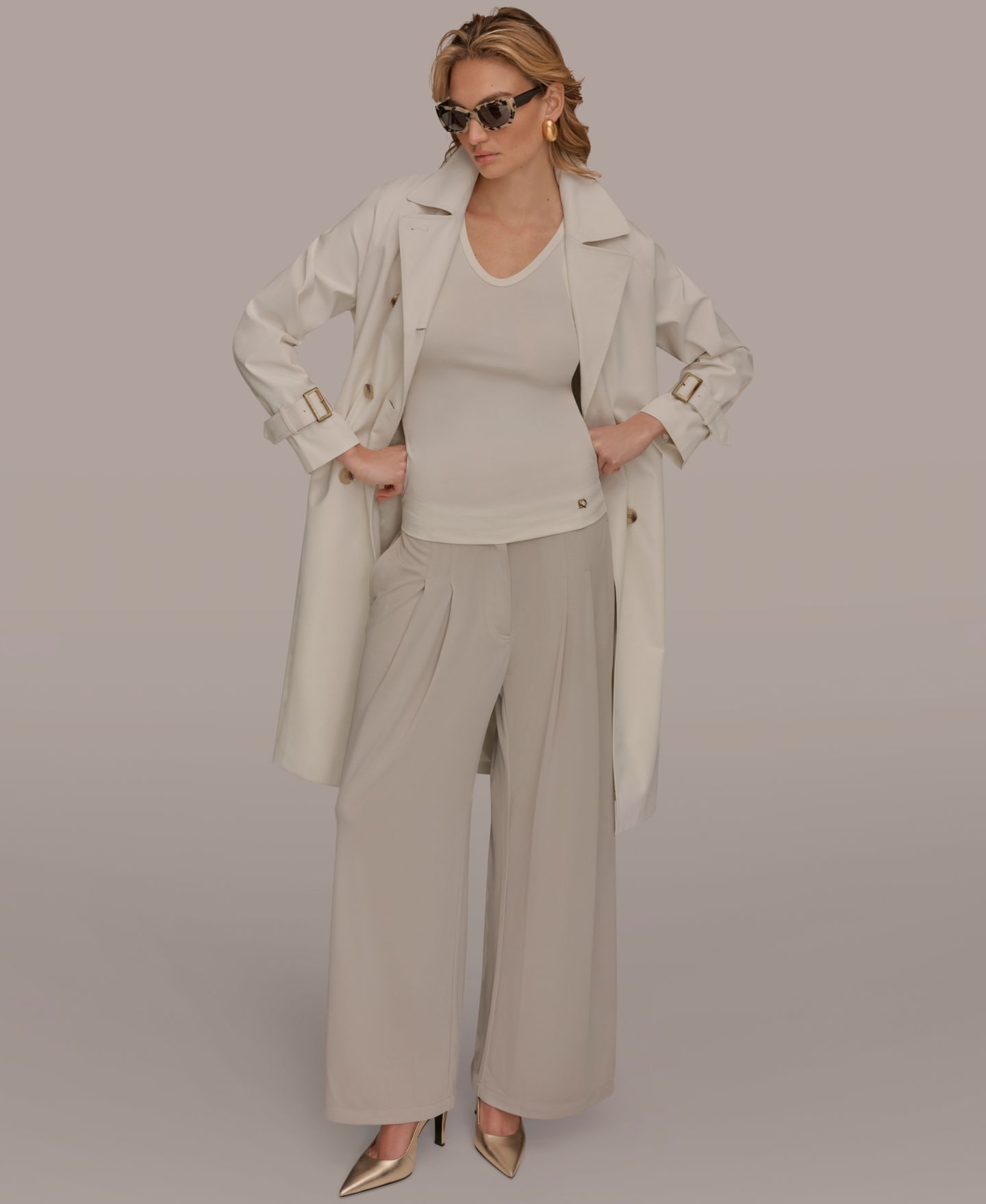Женское пальто Donna Karan New York Double Breasted Belted Notch Collar Trench, цвет: Кремовый — фото 8