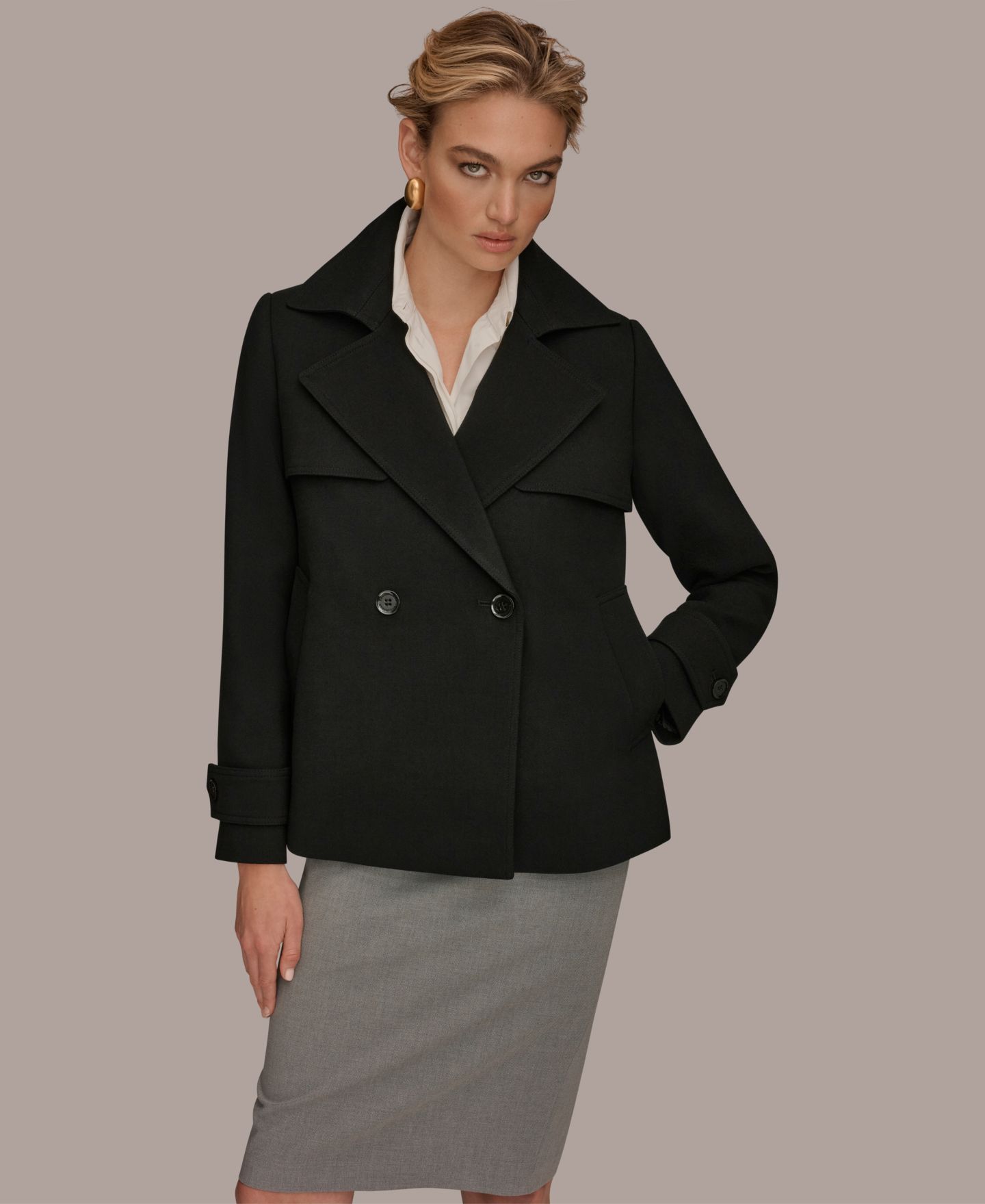 Женское пальто Donna Karan New York Short Crepe Notch Collar Trench, цвет: Чёрный — фото 9