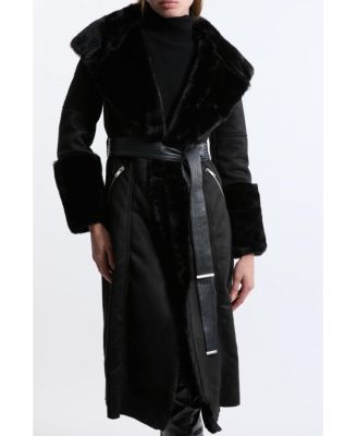 Women's Faux Shearling Belted Midi Coat