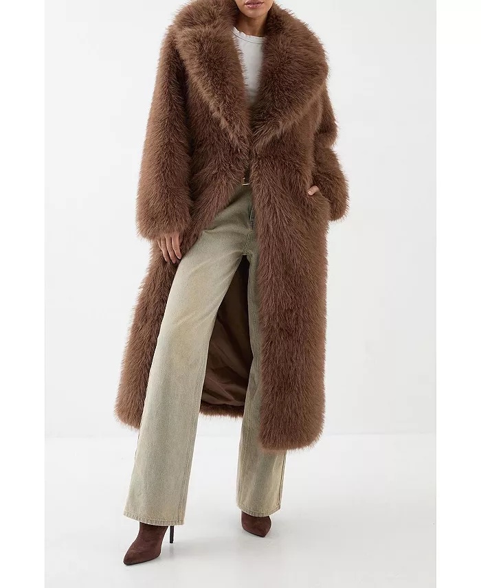 Women's Long Faux Fur Wide Collar Coat - thumbnail 5