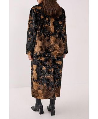 Women's Cow Print Faux Fur Longline Coat