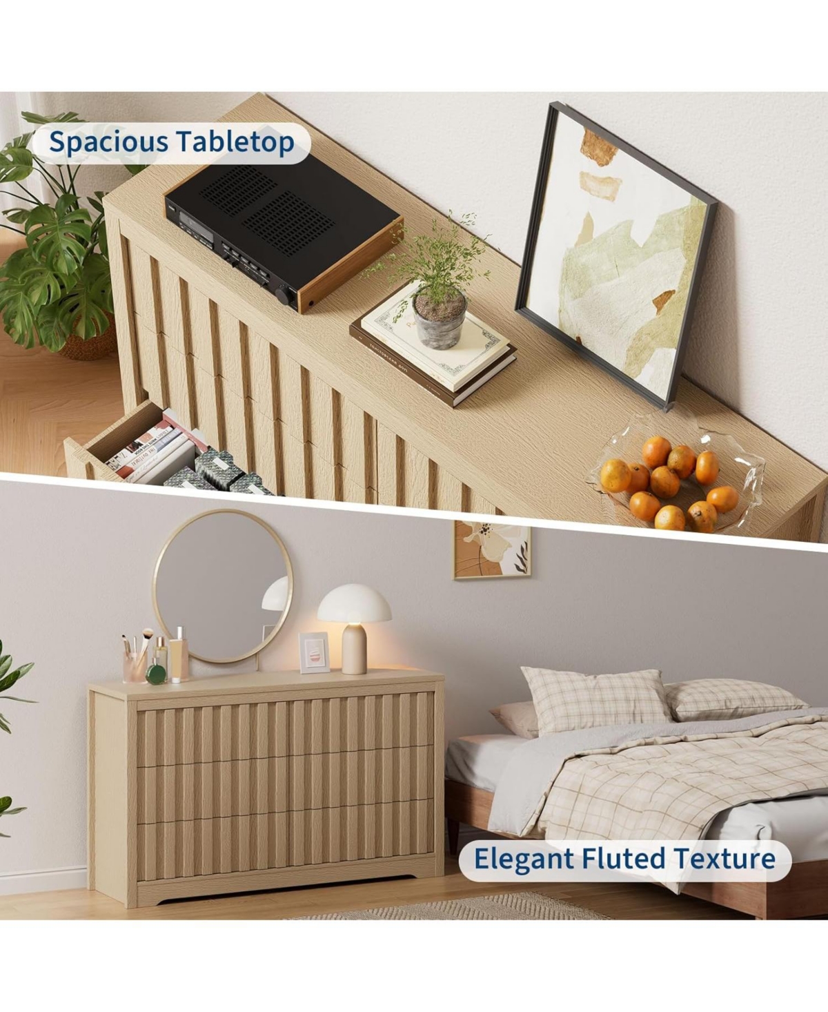 gaomon Fluted Dresser for Bedroom with 6 Drawers, Modern Chest of Drawers with Curved Profile