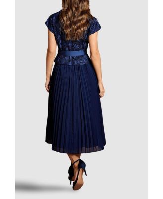 Women's Lace Wrap Top Pleat Tux Midi Dress