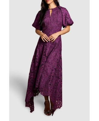 Women's Lace Hanky Hem Puff Sleeve Dress