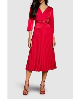 Women's Satin Bodice Pleat Skirt Midi Dress.