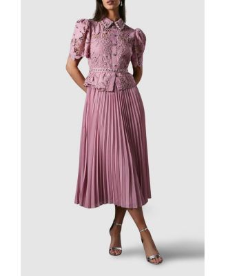 Women's Lace Top Pleat Skirt Jewel Button Dress.