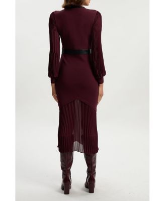 Women's Pu Trim Woven Sleeved Pleated Dress