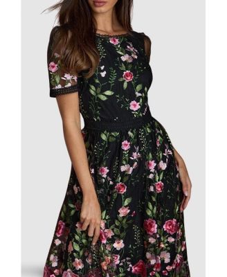 Women's Lace Trim Embroidered Mesh Midi Dress