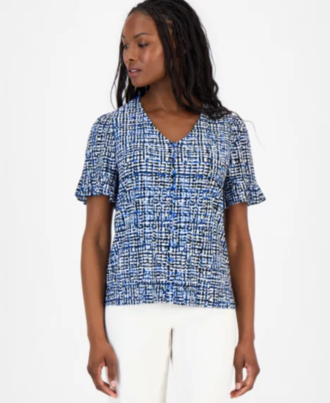 Petite Printed Ruffle-Sleeve Top - Santorini Blue Multi