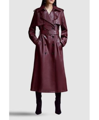 Women's Tailored Faux Leather Belted Trench Coat