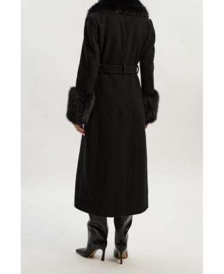 Women's Wool Detachable Fur Belted Midi Coat