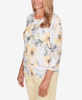 Women's  Al Fresco Watercolor Floral Side Ruched Top with Necklace