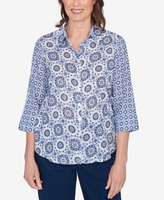Women's  Mykonos Geometric Button Front Collared Top