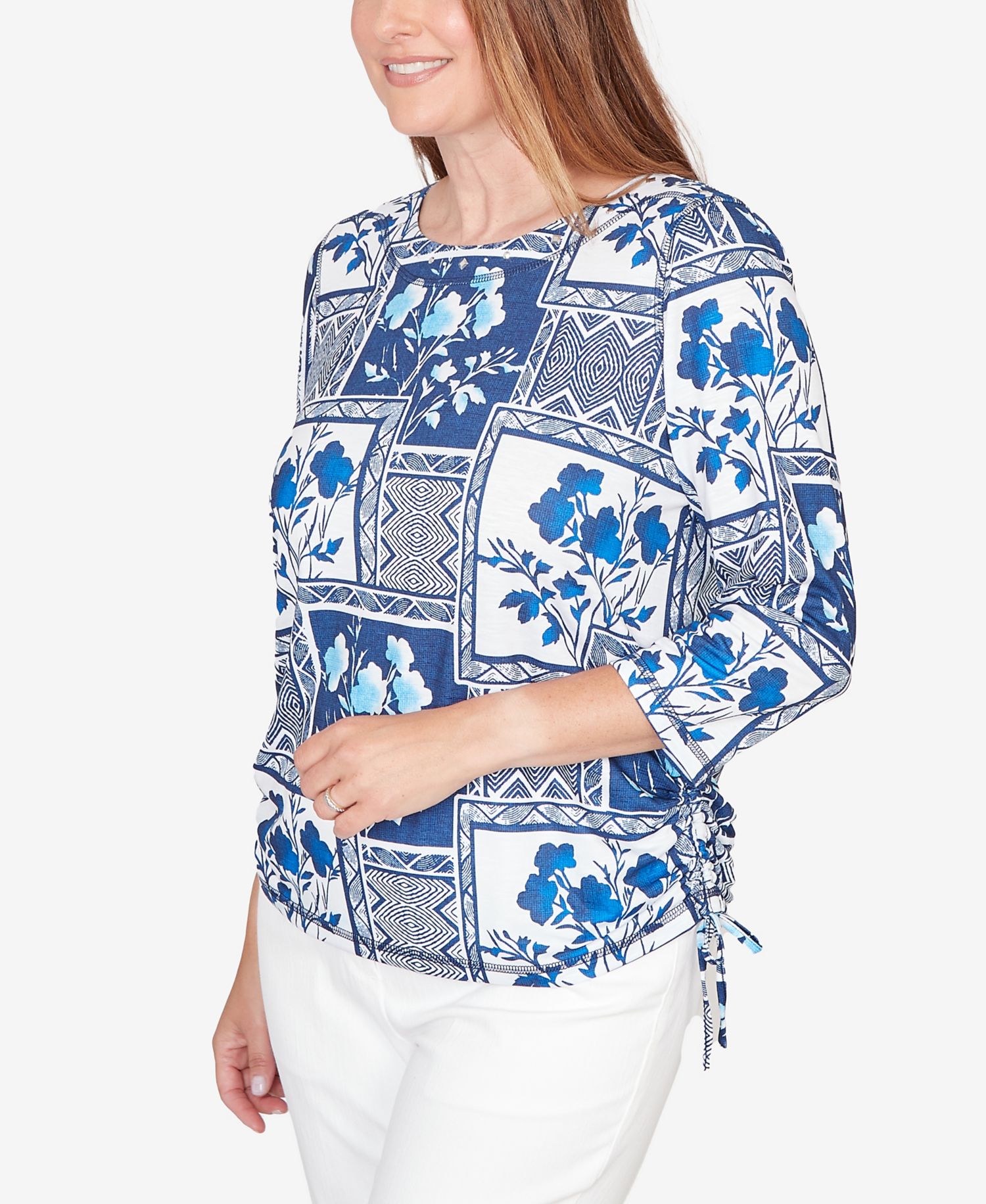 Women's Mykonos Framed Floral Ruched Side Tie Top