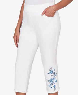 Women's  Mykonos Floral Embroidered Fringe Super Stretch Denim Capri