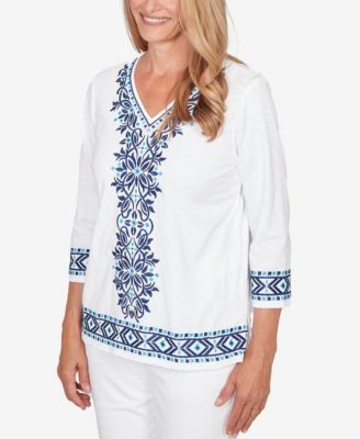 Women's  Mykonos Scroll Embroidered V Neck Top