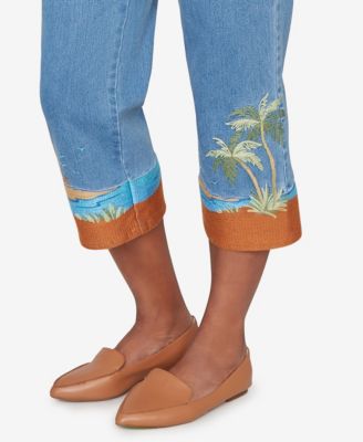 Women's  Beachcomber Beach Embroidered Cuff Super Stretch Denim Capri Jeans