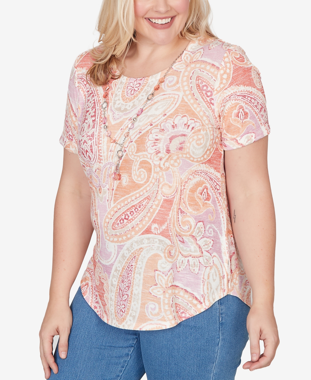 Alfred Dunner Women's Beachcomber Paisley Short Sleeve T-shirt with Necklace