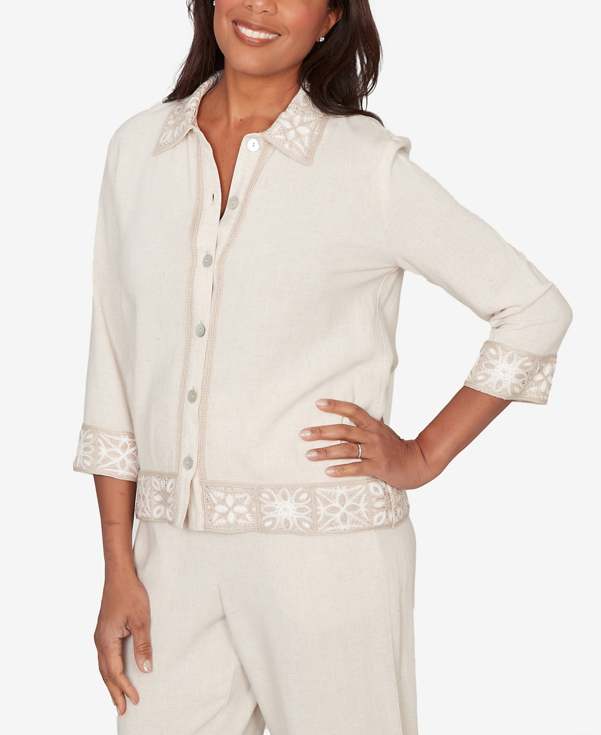 Alfred Dunner Women's Natural Wonder Embellished Crochet Trim Linen Jacket