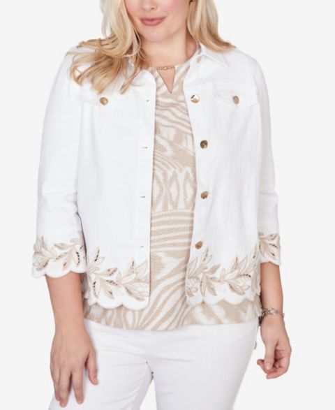 Женские куртки Alfred Dunner Natural Wonder Leaf Cutout Embroidered Shirt Jacket