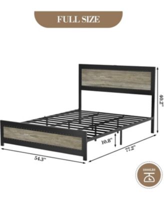 Bed Frame with Headboard and Charging Station, Sturdy Metal Platform, Wood Accent Bed Frame