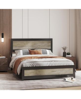 Bed Frame with Headboard and Charging Station, Sturdy Metal Platform, Wood Accent Bed Frame