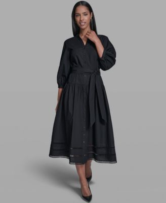 Women's Poplin Eyelet Button-Front Midi Dress