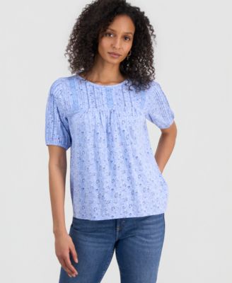 Women's Printed Lace-Trim Knit Top
