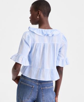 Women's Short Sleeve Ruffle-Front Cotton Blouse