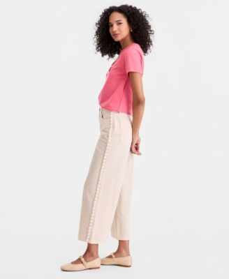 Women's High-Rise Cropped Faux-Pearl-Trim Jeans