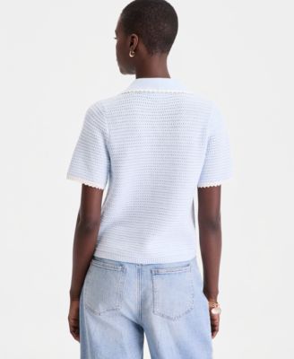 Women's Collared Short-Sleeve Crochet Sweater