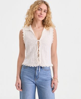Women's Tie-Front Sleeveless Crochet Sweater