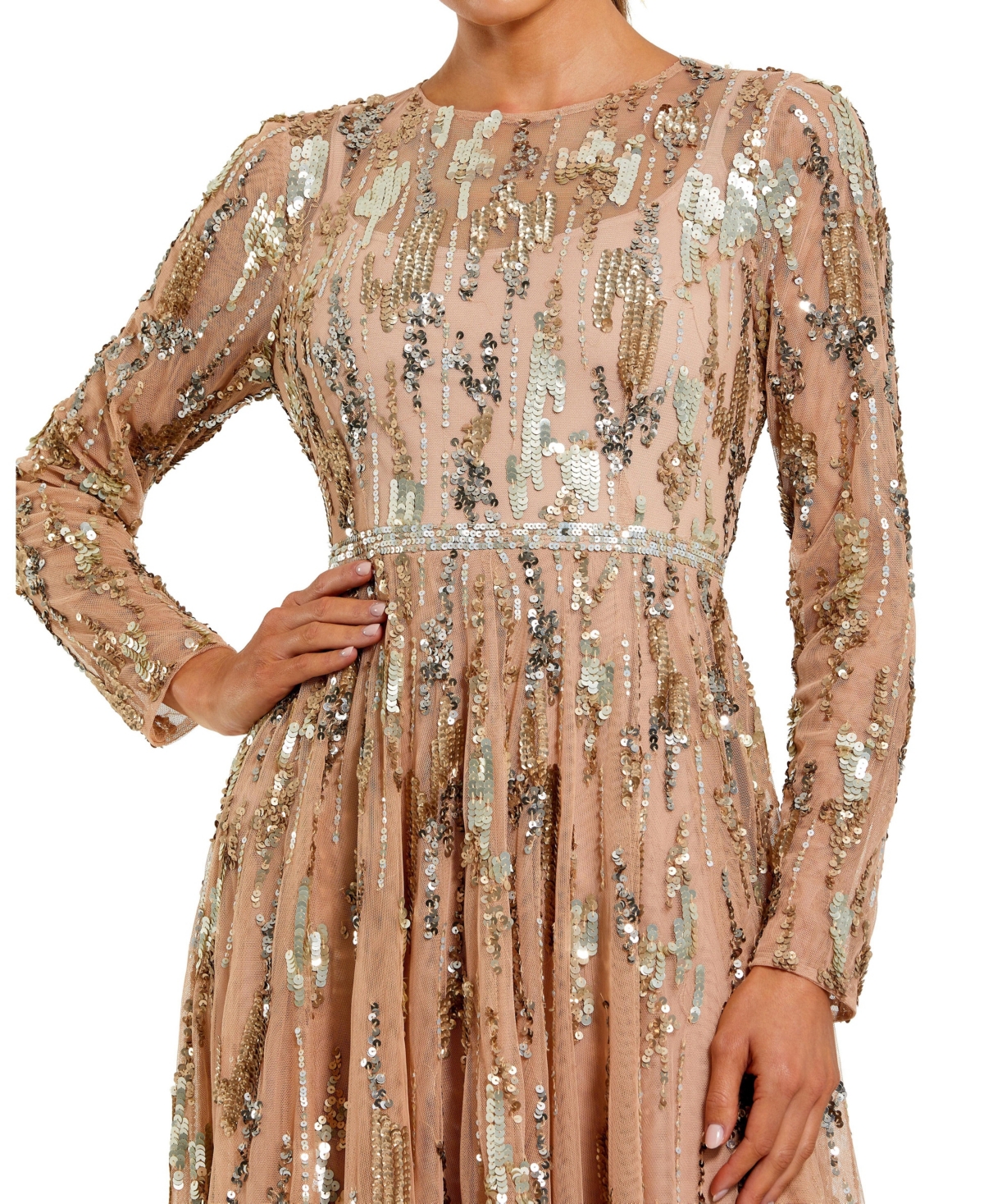 Mac Duggal Women's Long Sleeve Mesh Embellished Evening Gown