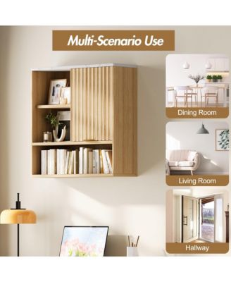 Fluted Bathroom Wall Cabinet with Faux Marble Top & Adjustable Shelf, Modern Medicine Cabinet with Sliding Door and Open Storage Space