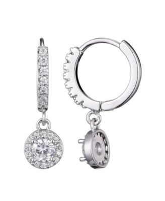 Silver CZ Halo Drop Huggie Hoop Earrings