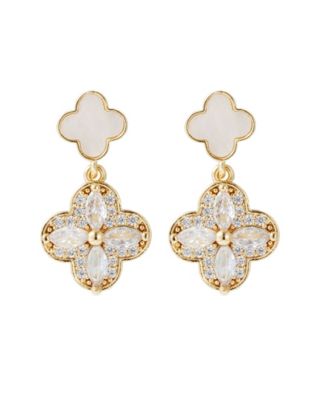 Gold Mother of Pearl and CZ Clover Drop Earrings