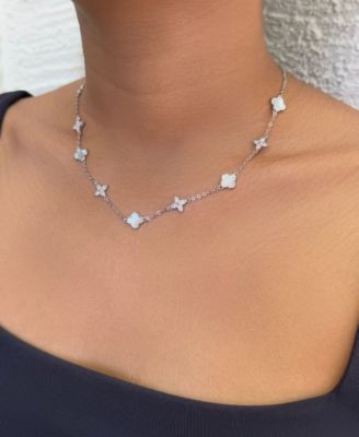 Silver Mother of Pearl CZ Mixed Clover Station Necklace