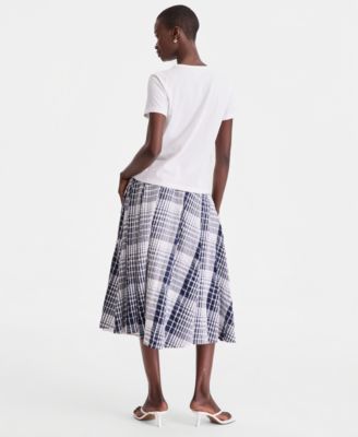 Women's Pull On Check-Print Midi Skirt