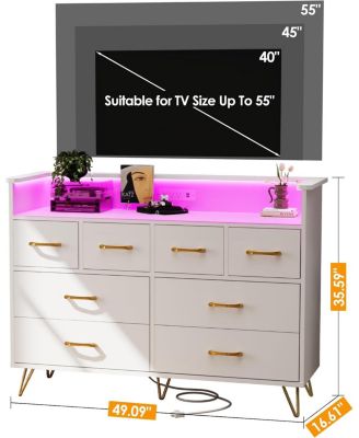 8 Drawer Wood Dressers for Bedroom with Led Light and Power Outlet, Wooden Dressers with Open Shelves  for Adult and Kids Bedroom