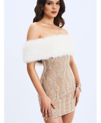 Women's Averie Fur Off-Shoulder Sequin Mini Dress