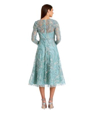 Women's Floral Embroidered V Neck Long Sleeve Midi Dress