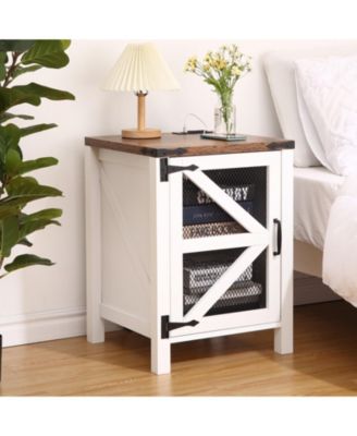 Farmhouse Nightstand with Charging Station, 18" End Table with Barn Door, Adjustable Shelf, Sofa Side Table for Bedroom & Living Room