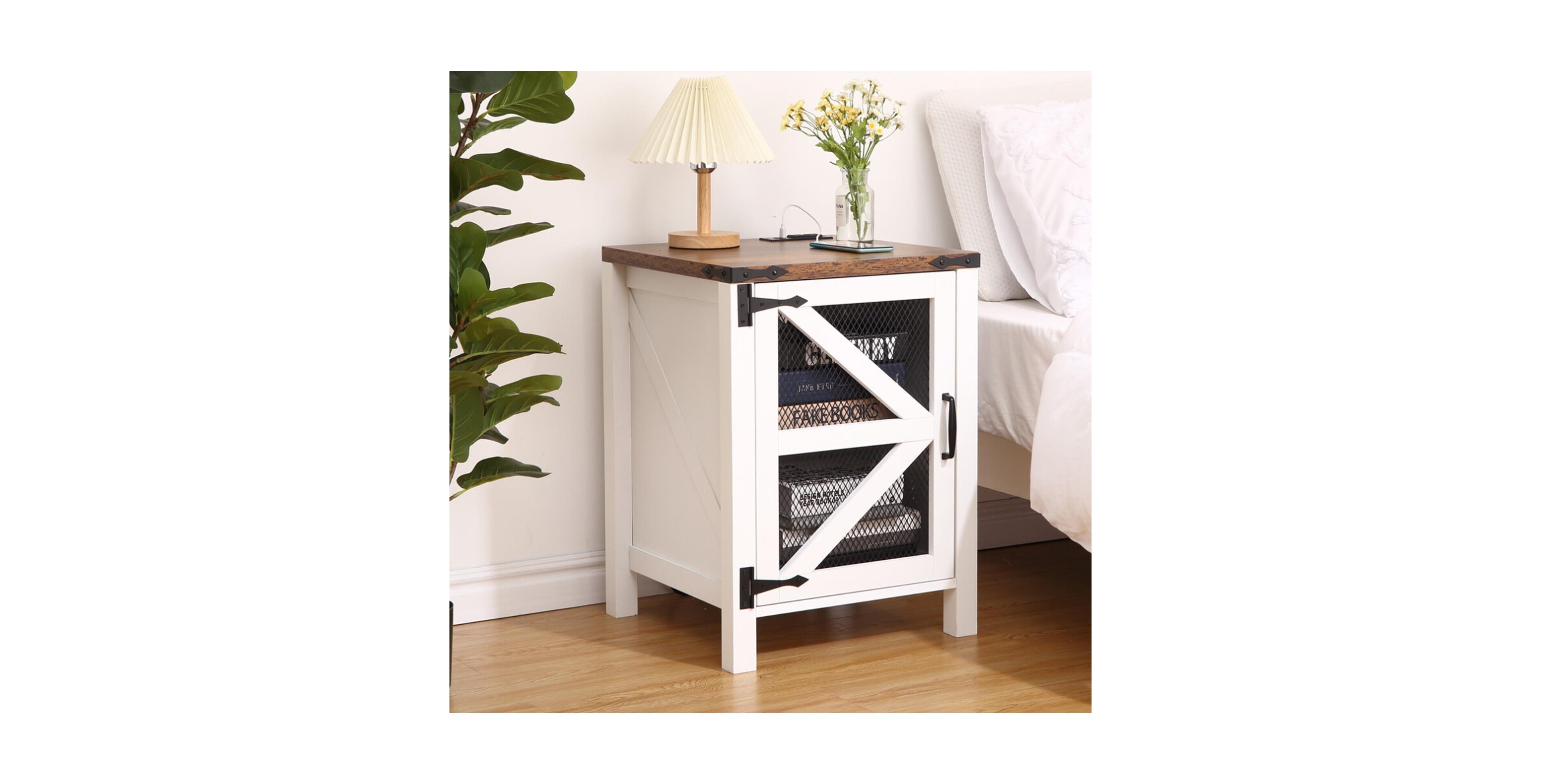 gaomon Farmhouse Nightstand with Charging Station, 18" End Table with Barn Door, Adjustable Shelf, Sofa Side Table for Bedroom & Living Room